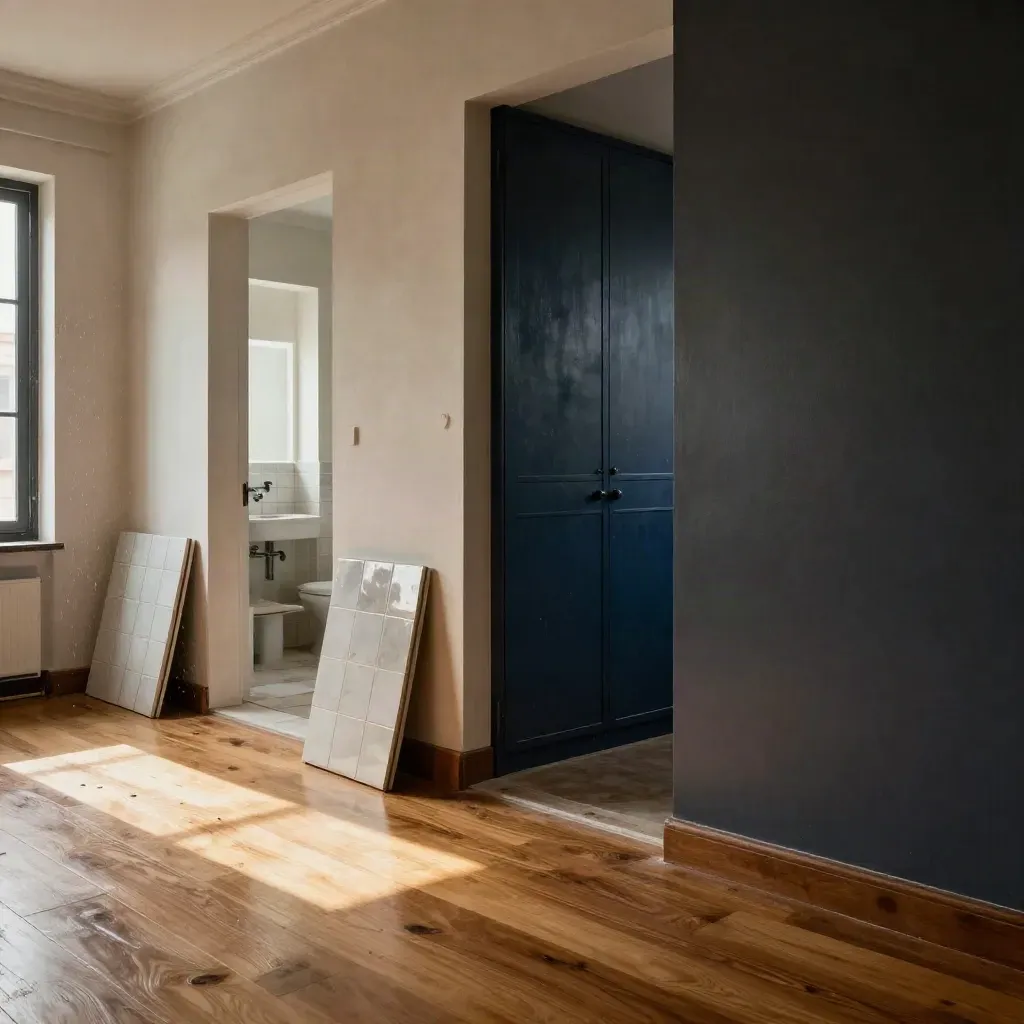 Interior reformado de un piso en Madrid, con suelo de roble, pared azul marino y luz dramática