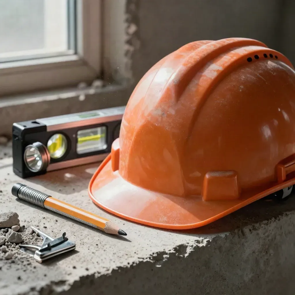 Casco, nivel láser, lápiz graso y linterna sobre un borde de hormigón con polvo de obra.